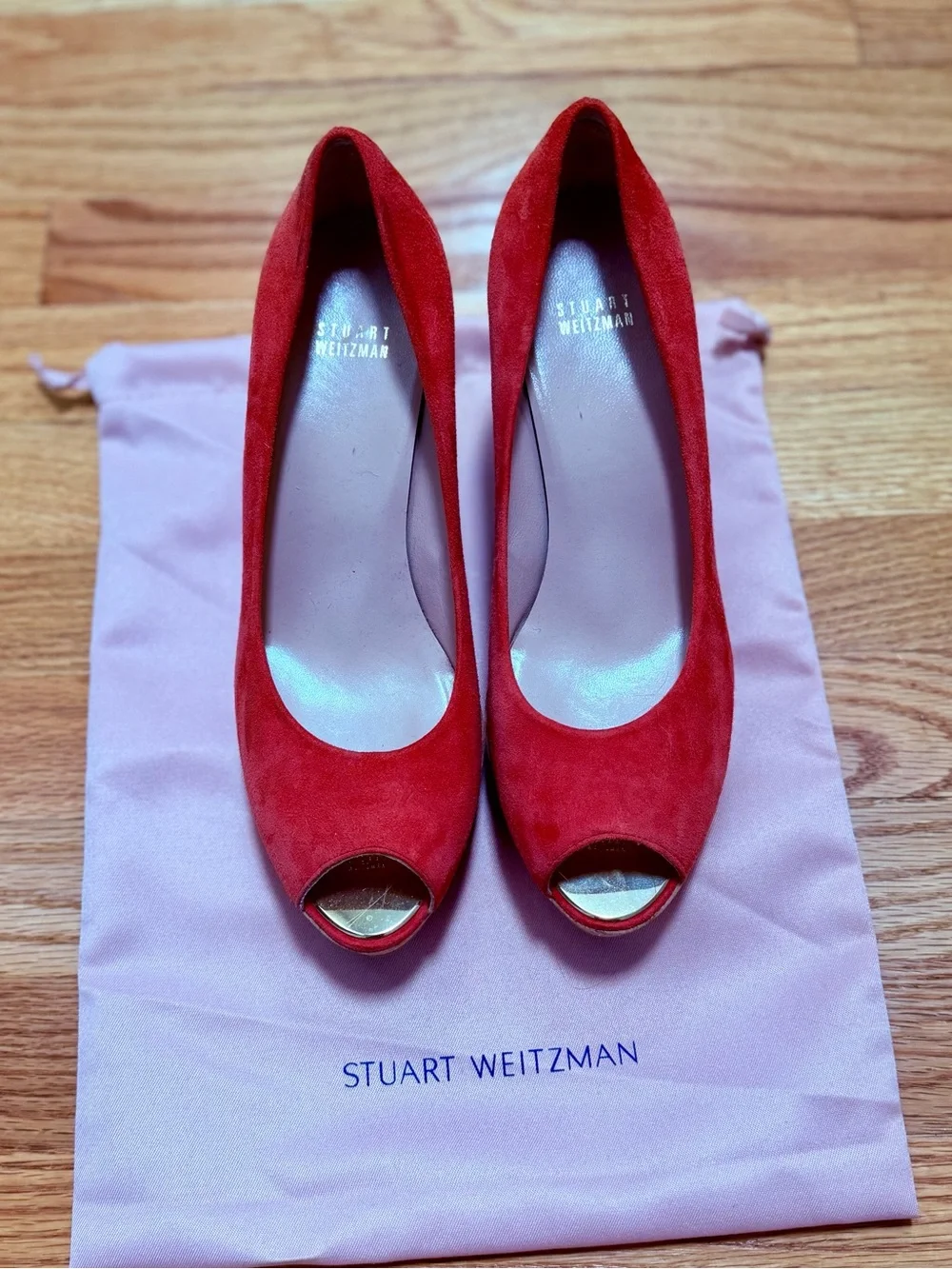 Stuart Weitzman Orange Suede Peep-Toe Platform Cork Wedges with Gold Accent